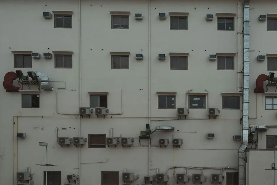 A building facade covered with air conditioning units and ducts illustrating urban architecture.
